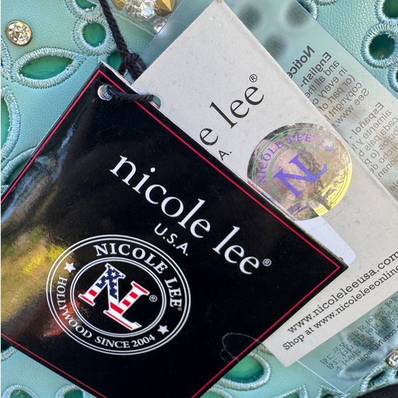 Nicole Lee USA Blue Floral Laser Cut Satchel Bag Rhinestone  New Color Block‎ - Picture 3 of 13